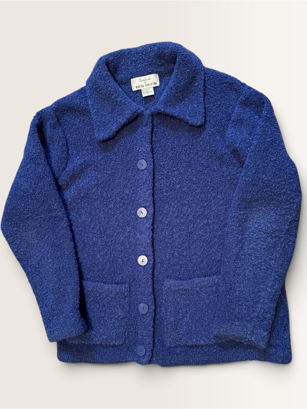 VINTAGE Knitworks Marisa Christina Blue Boucle Wool Blend Cardigan Jacket S